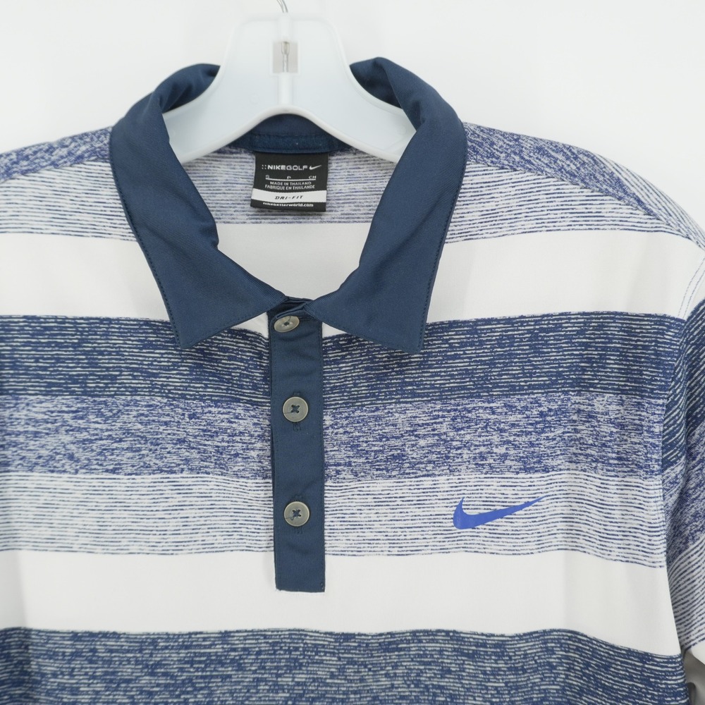 Nike Golf Polo Shirt Mens Small Blue White Striped Dri-FIT Short Sleeve